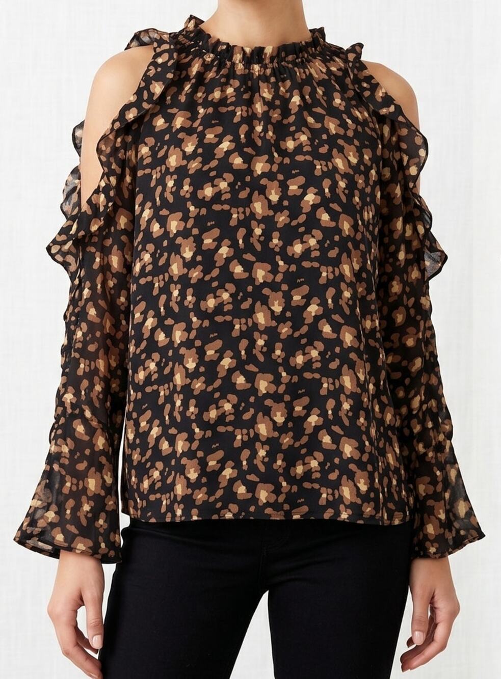 THML Womens Medium NEW NWT Polyester Blouse Black Brown Print